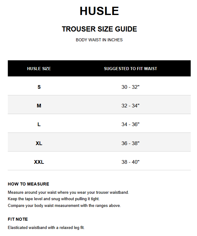 HUSLE Legacy Joggers size chart