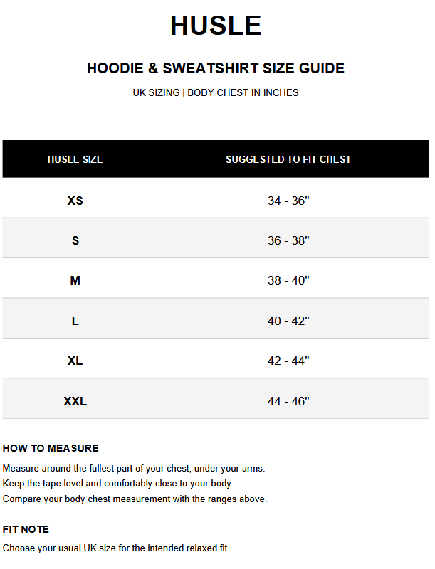 HUSLE Legacy Crewneck set size chart