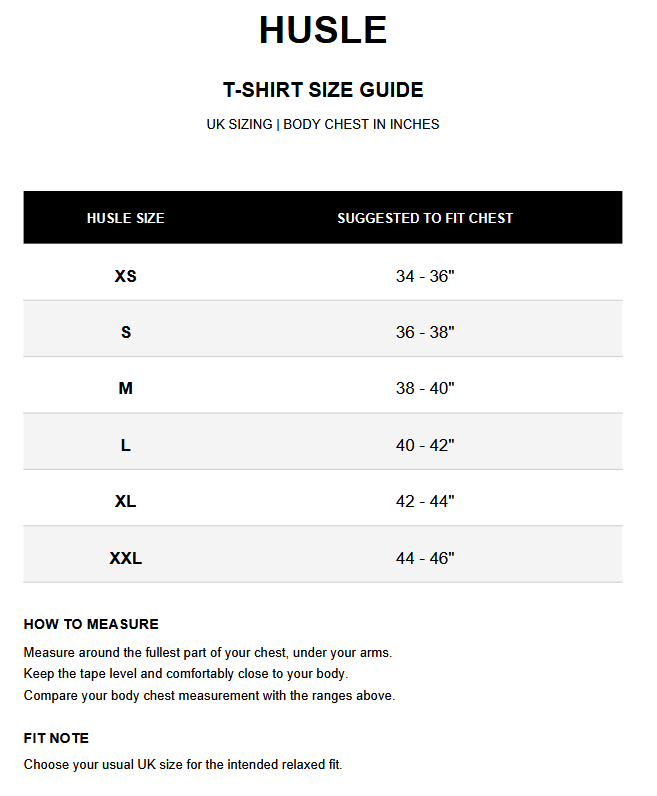 HUSLE Legacy T-Shirt size chart